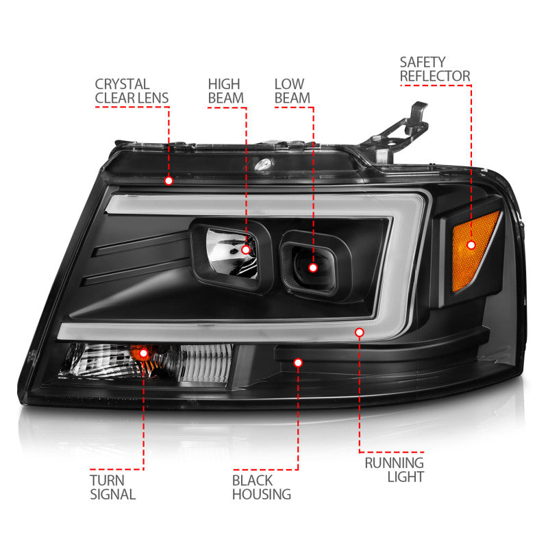 ANZO 2004-2008 Ford  F-150 Projector Headlights w/ Light Bar Black Housing - Burkken Auto Parts