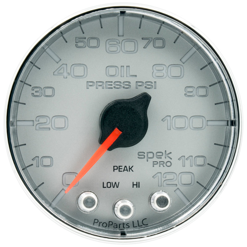 Autometer Spek-Pro Gauge Oil Press 2 1/16in 120psi Stepper Motor W/Peak & Warn Slvr/Chrm - Burkken Auto Parts