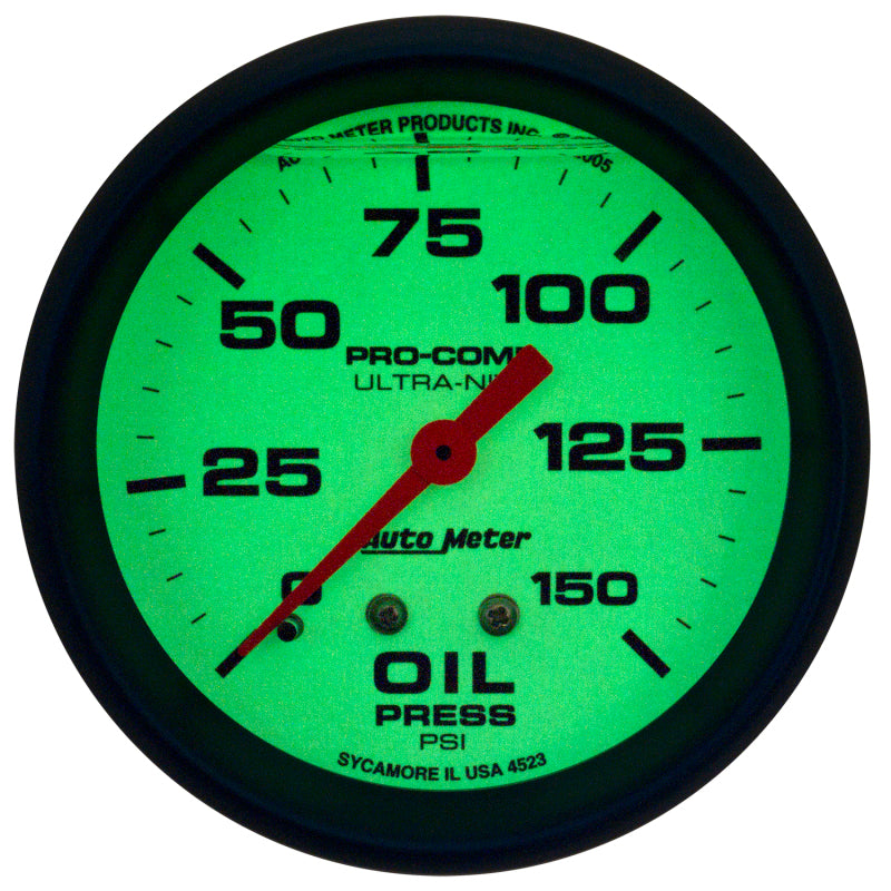 Autometer Ultra-Nite 2-5/8in 0-150 PSI Liquid Filled Mechanical Glow In Dark Oil Pressure Gauge - Burkken Auto Parts