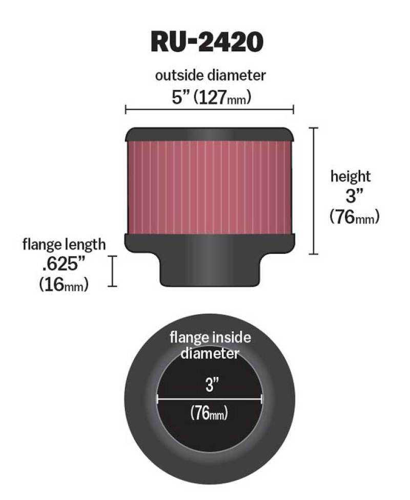 K&N Universal Rubber Filter 3 inch Flange 5 inch OD 3 inch Height - Burkken Auto Parts