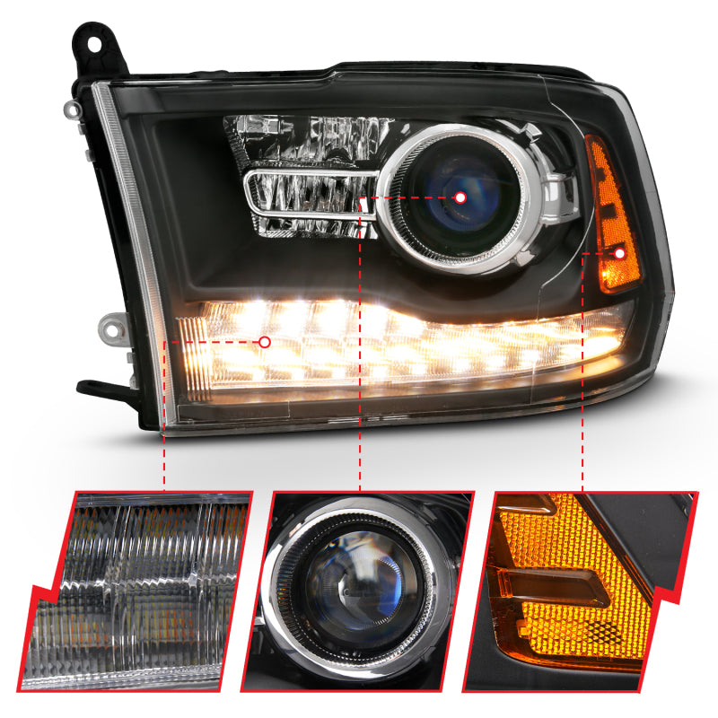 ANZO 2009-2018 Dodge Ram 1500 Projector Headlights Plank Style Halo w/Switchback Matte Black - Burkken Auto Parts