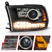 ANZO 2009-2018 Dodge Ram 1500 Projector Headlights Plank Style Halo w/Switchback Matte Black - Burkken Auto Parts