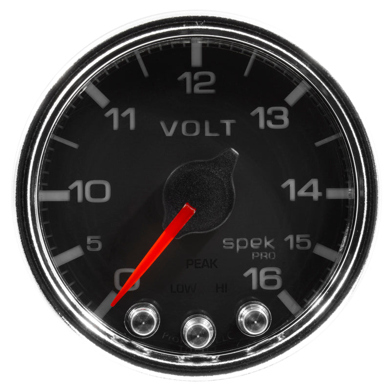 Autometer Spek-Pro Gauge Voltmeter 2 1/16in 16V Stepper Motor W/Peak & Warn Blk/Chrm - Burkken Auto Parts