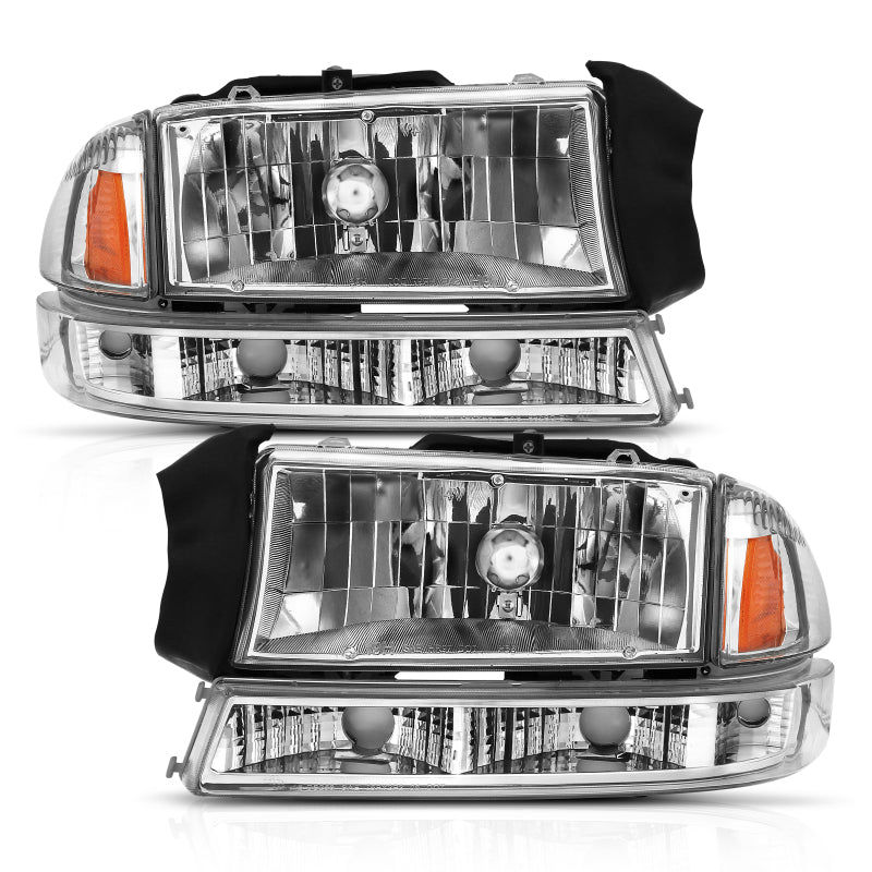 ANZO 1997-2004 Dodge Dakota Crystal Headlight Set Chrome Amber - Burkken Auto Parts