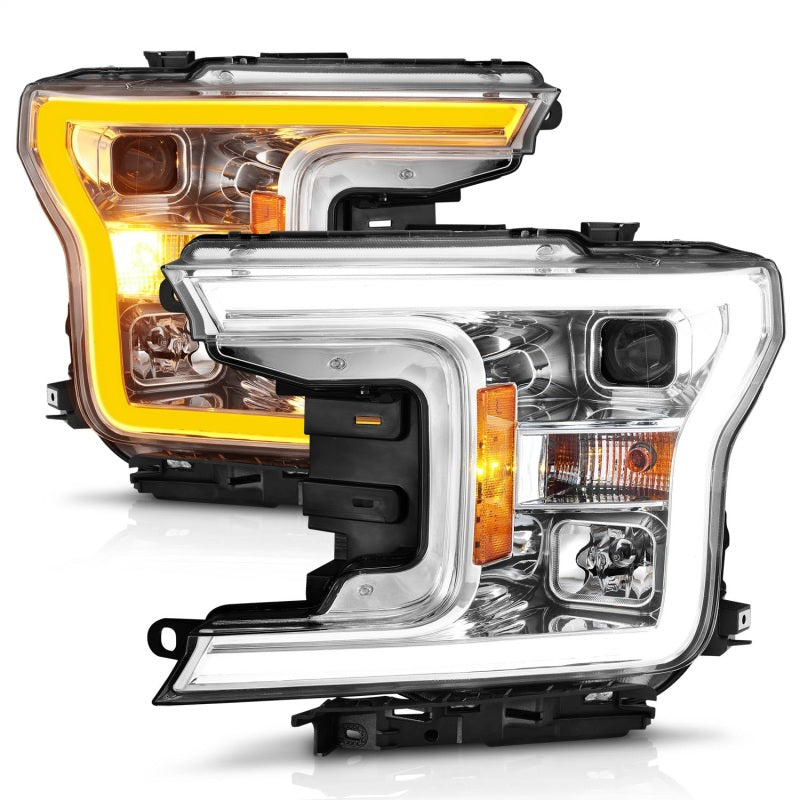 ANZO 2018-2020 Ford F-150 Projector Headlight w/Plank Style Switchback Chrome Housing - Burkken Auto Parts