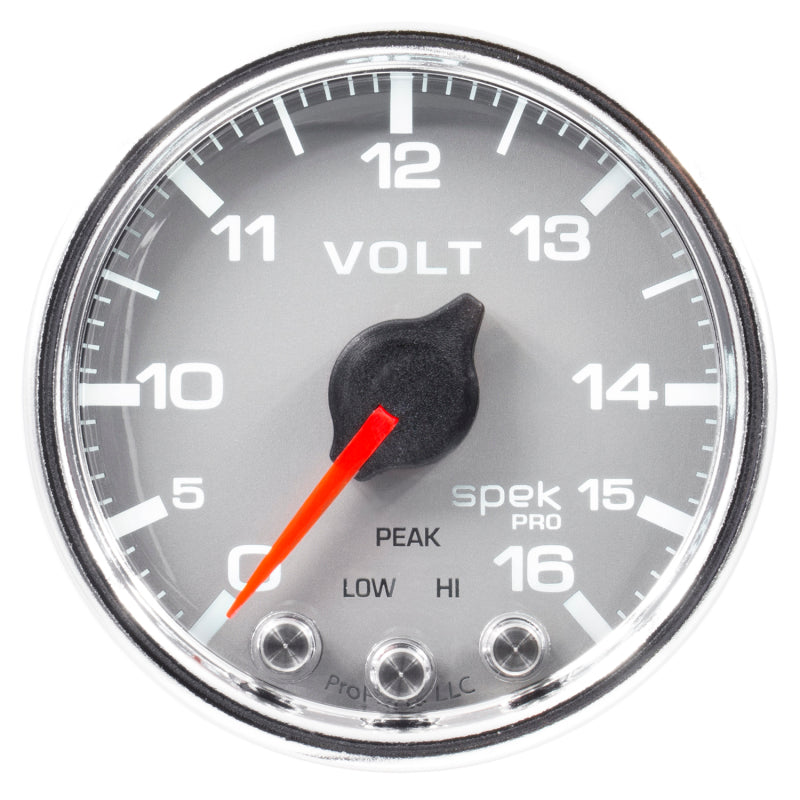 Autometer Spek-Pro Gauge Voltmeter 2 1/16in 16V Stepper Motor W/Peak & Warn Slvr/Chrm - Burkken Auto Parts