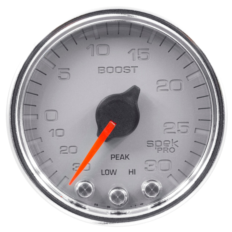 Autometer Spek-Pro Gauge Vac/Boost 2 1/16in 30Inhg-30psi Stepper Motor W/Peak & WarnSilver/Chrome - Burkken Auto Parts