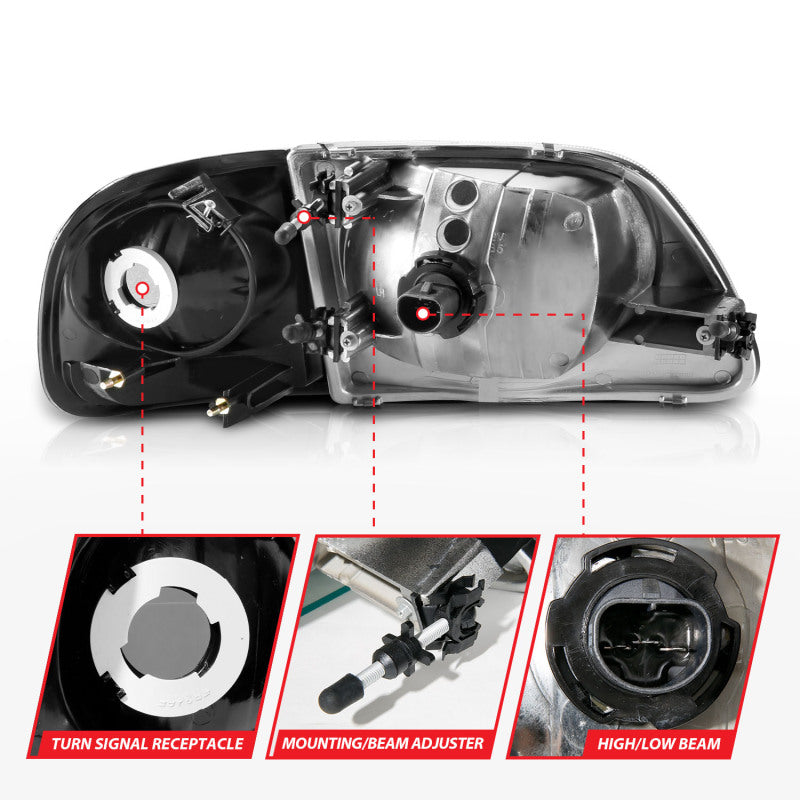 ANZO 1997-2003 Ford F150 Crystal Headlight Black w/ Parking Light - Burkken Auto Parts