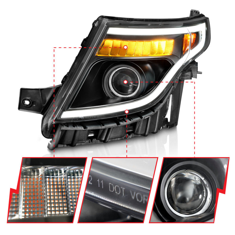 ANZO 11-15 Ford Explorer (w/Factory Halogen HL Only) Projector Headlights w/Light Bar Black Housing - Burkken Auto Parts