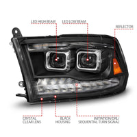 ANZO 09-18 Dodge Ram 1500/2500/3500 Full LED Proj Headlights w/Switchback Light Bar - Black - Burkken Auto Parts