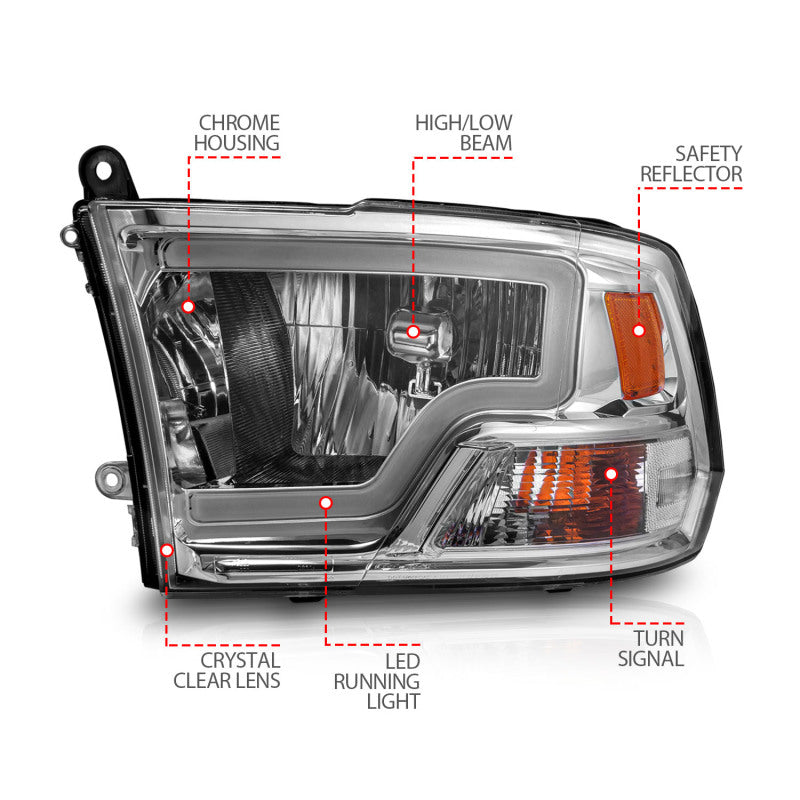 ANZO 2009-2018 Dodge Ram 1500/ 2500/ 3500 Crystal Headlights w/ Light Bar Chrome Housing - Burkken Auto Parts