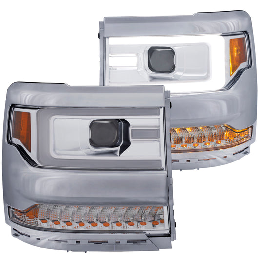 ANZO 16-17 Chevy Silverado 1500 Projector Headlights Plank Style Design Chrome w/ Amber - Burkken Auto Parts