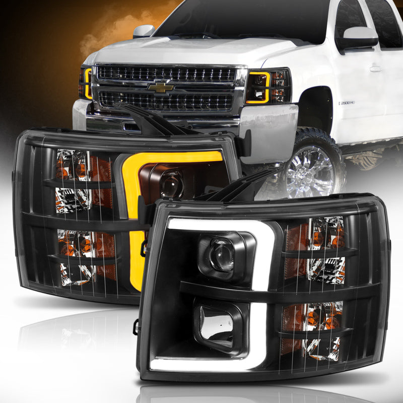 ANZO 07-13 Chevrolet Silverado 1500 Plank Style Projector Headlights Black w/ Amber - Burkken Auto Parts