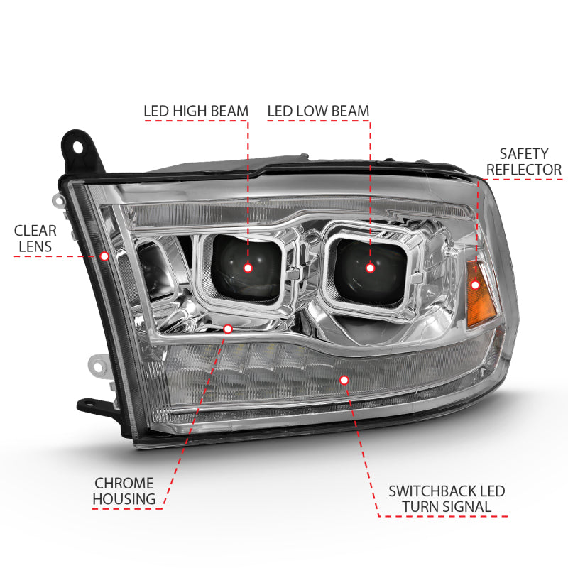 ANZO 2009-2018 Dodge Ram 1500 Led Projector Plank Style Switchback H.L Halo Chrome Amber (OE Style) - Burkken Auto Parts
