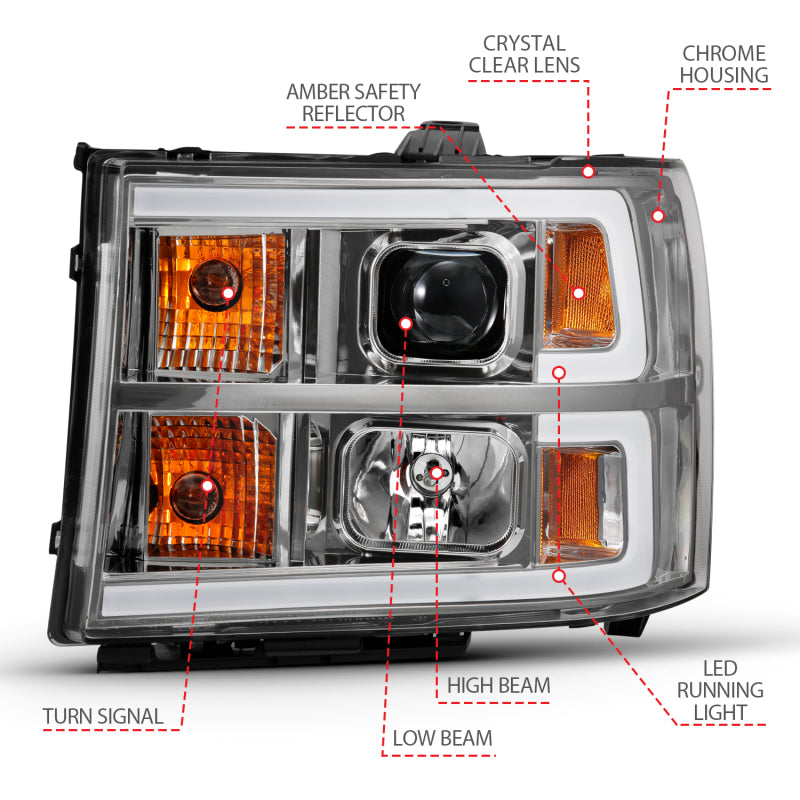 ANZO 2007-2013 GMC Sierra 1500 Projector Headlight Plank Style Chrome w/ Clear Lens Amber - Burkken Auto Parts