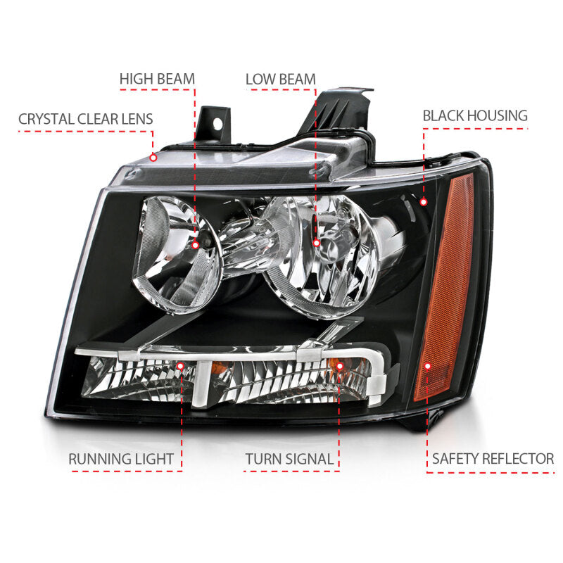 ANZO 2007-2014 Chevrolet Tahoe/Suburban Crystal Headlights Black - Burkken Auto Parts