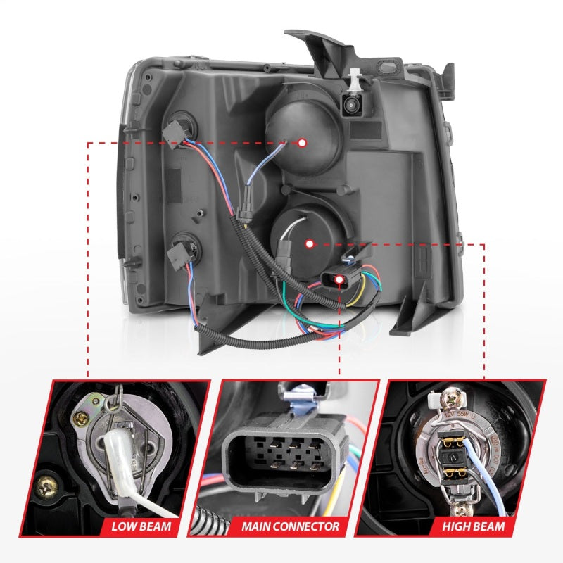 ANZO 2007-2013 Chevrolet Silverado 1500 Projector w/ Light Bar Black Housing w/ Sequential - Burkken Auto Parts