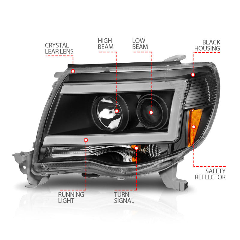 ANZO 05-09 Toyota Tacoma Projector Light Bar Style Headlights w/ C Light Bar - Burkken Auto Parts
