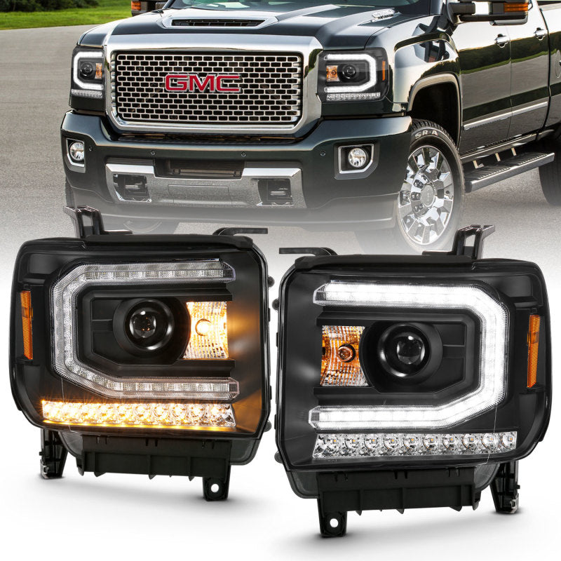 ANZO 2016-2019 GMC Sierra 1500 Projector Headlight Plank Style Black w/ Sequential Amber Signal - Burkken Auto Parts