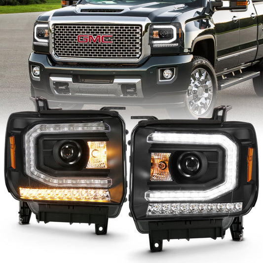 ANZO 2016-2019 GMC Sierra 1500 Projector Headlight Plank Style Black w/ Sequential Amber Signal - Burkken Auto Parts