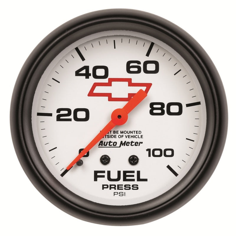 AutoMeter Gauge Fuel Press 2-5/8in. 100PSI Mechanical Chevy Red Bowtie White - Burkken Auto Parts