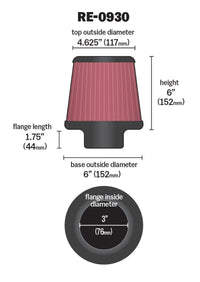 K&N Universal Rubber Filter - Round Tapered 6in Base OD x 3in Flange ID x 6in H - Burkken Auto Parts