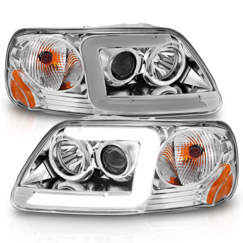 ANZO 1997-2003 Ford F-150 Projector Headlights w/ Light Bar Chrome Housing - Burkken Auto Parts