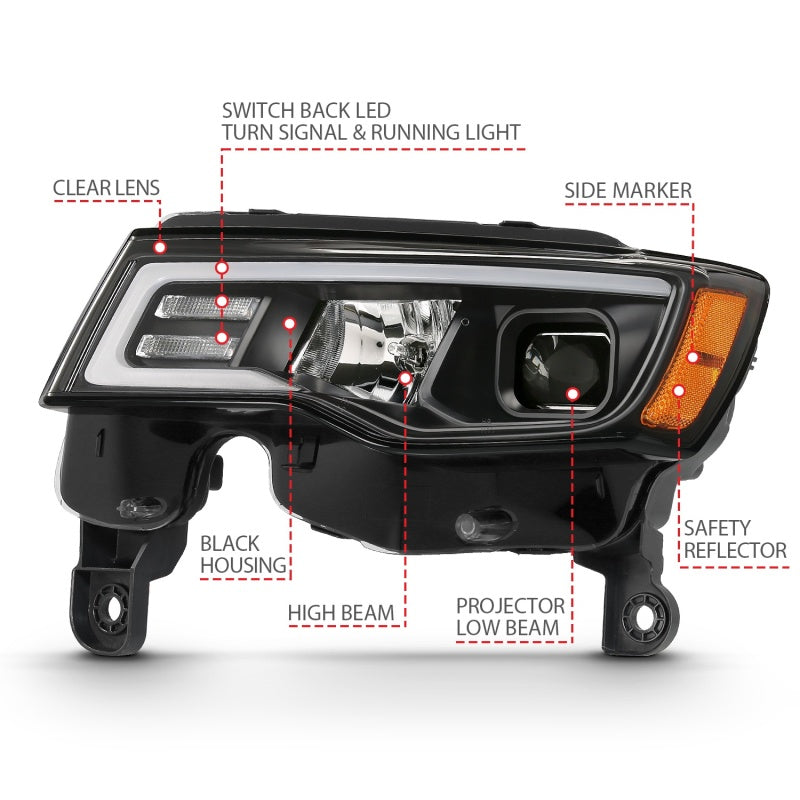 ANZO 2017-2018 Jeep Grand Cherokee Projector Headlights w/ Plank Style Switchback - Black w/ Amber - Burkken Auto Parts