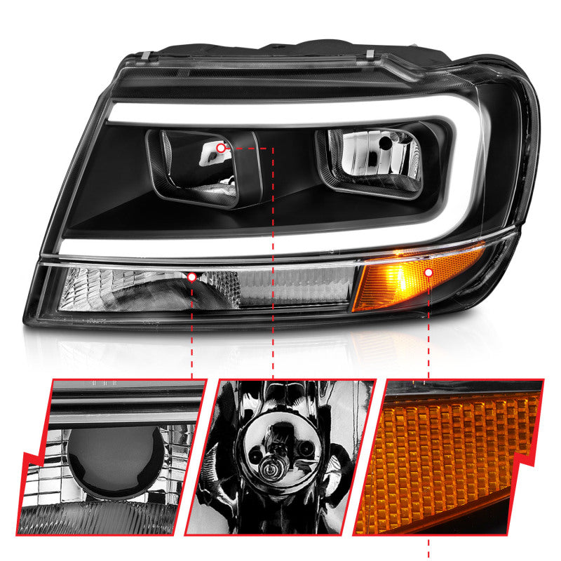 ANZO 99-04 Jeep Grand Cherokee Crystal Headlights - w/ Light Bar Black Housing - Burkken Auto Parts