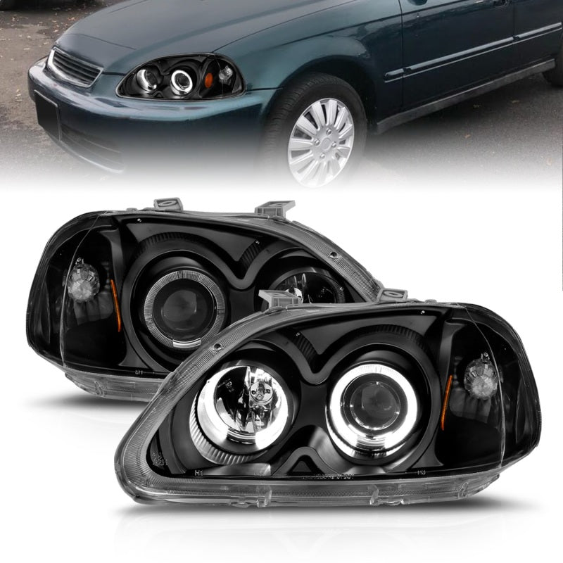 ANZO 1996-1998 Honda Civic Projector Headlights w/ Halo Black - Burkken Auto Parts