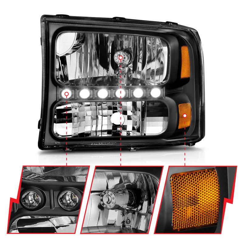 ANZO 2000-2004 Ford Excursion Crystal Headlights Black w/ LED 1pc - Burkken Auto Parts