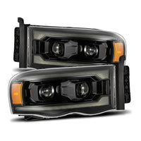 AlphaRex 02-05 Dodge Ram 1500 PRO-Series Projector Headlights Plank Style Alpha Black w/Seq Signal - Burkken Auto Parts