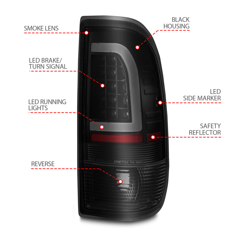 ANZO 1997-2003 Ford F-150 LED Tail Lights w/ Light Bar Black Housing Smoke Lens - Burkken Auto Parts