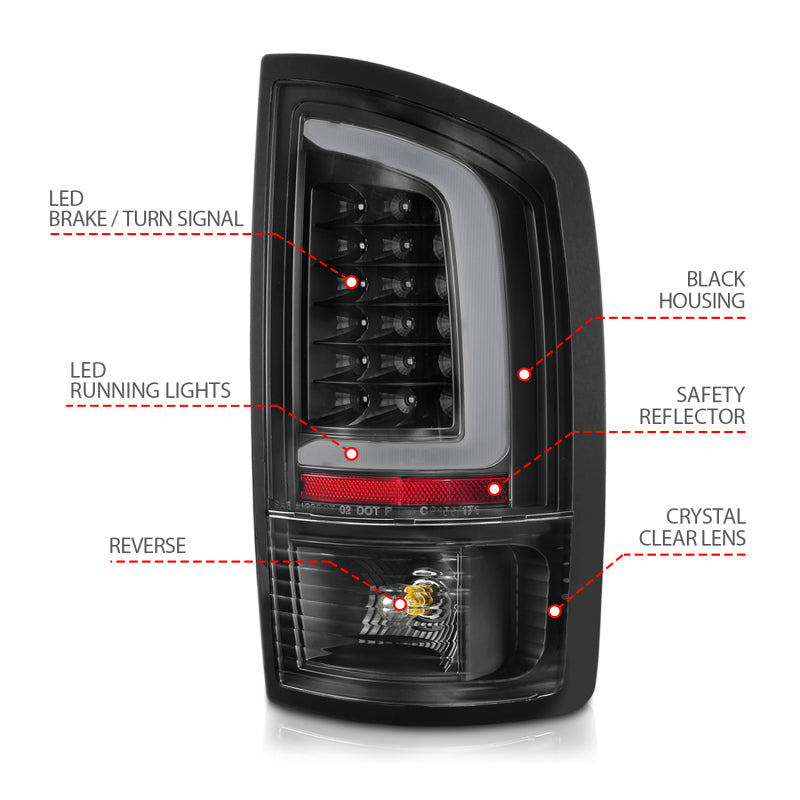 ANZO 2002-2006 Dodge  Ram 1500 LED Tail Lights w/ Light Bar Black Housing Clear Lens - Burkken Auto Parts