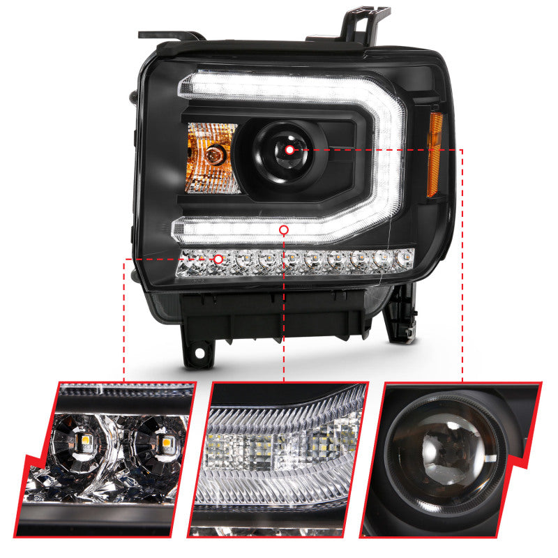 ANZO 2016-2019 GMC Sierra 1500 Projector Headlight Plank Style Black w/ Sequential Amber Signal - Burkken Auto Parts