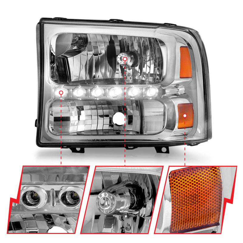 ANZO 2000-2004 Ford Excursion Crystal Headlights Chrome w/ LED 1pc - Burkken Auto Parts