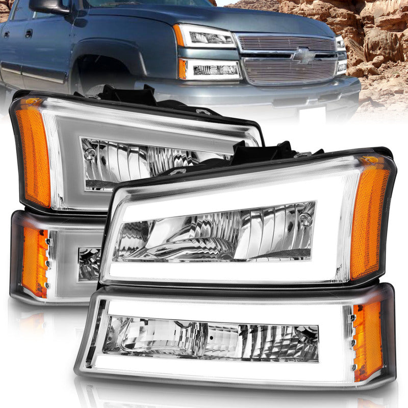 ANZO 2003-2006 Chevrolet Silverado 1500 Crystal Headlights w/ Light Bar Chrome Housing - Burkken Auto Parts