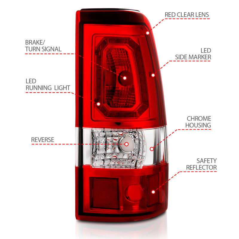 ANZO 1999-2002 Chevy Silverado 1500 LED Taillights Plank Style Chrome With Red/Clear Lens - Burkken Auto Parts