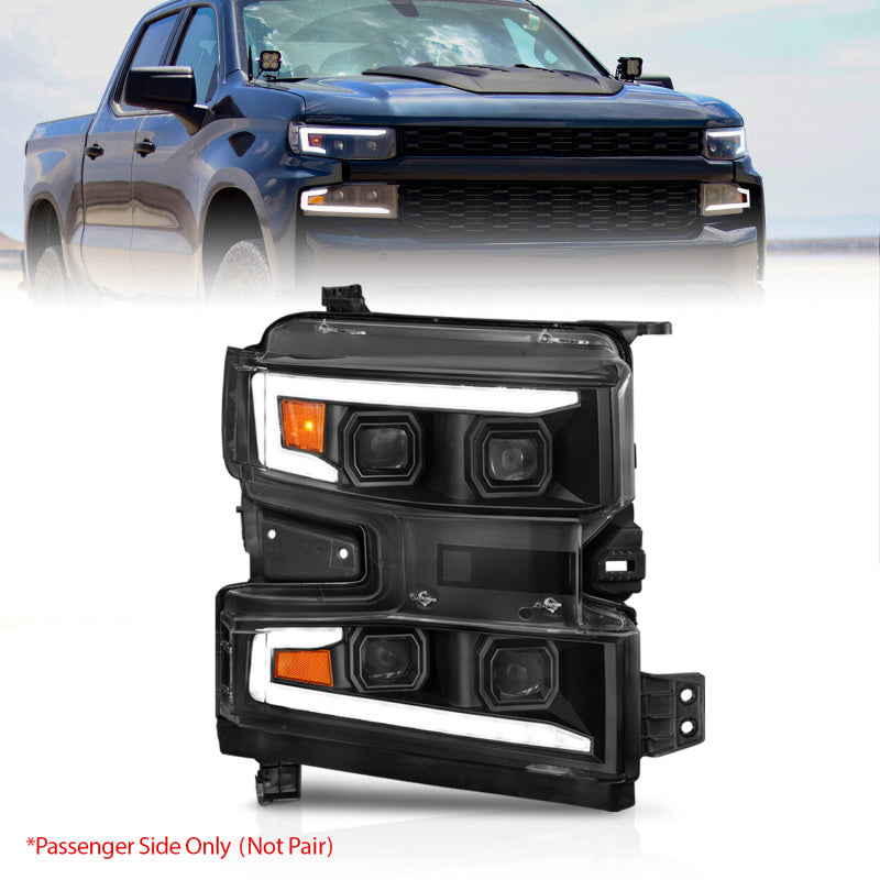 ANZO 19-22 Chevrolet Silverado 1500 LED Proj HL w/Lgt Bar SwBk Seq. Blk w/In. Light - Passenger Side - Burkken Auto Parts
