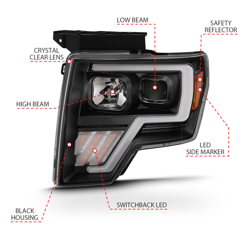 ANZO 2009-2013 Ford F-150 Projector Light Bar G4 Switchback Headlights Black Amber - Burkken Auto Parts