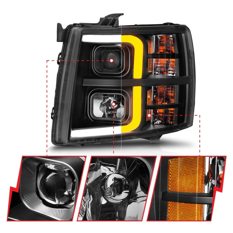 ANZO 2007-2013 Chevrolet Silverado 1500 Projector w/ Light Bar Black Housing w/ Sequential - Burkken Auto Parts