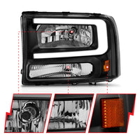 ANZO 99-04 Ford F250/F350/F450/Excursion (excl. 99) Crystal Headlights - w/ Light Bar Black Housing - Burkken Auto Parts