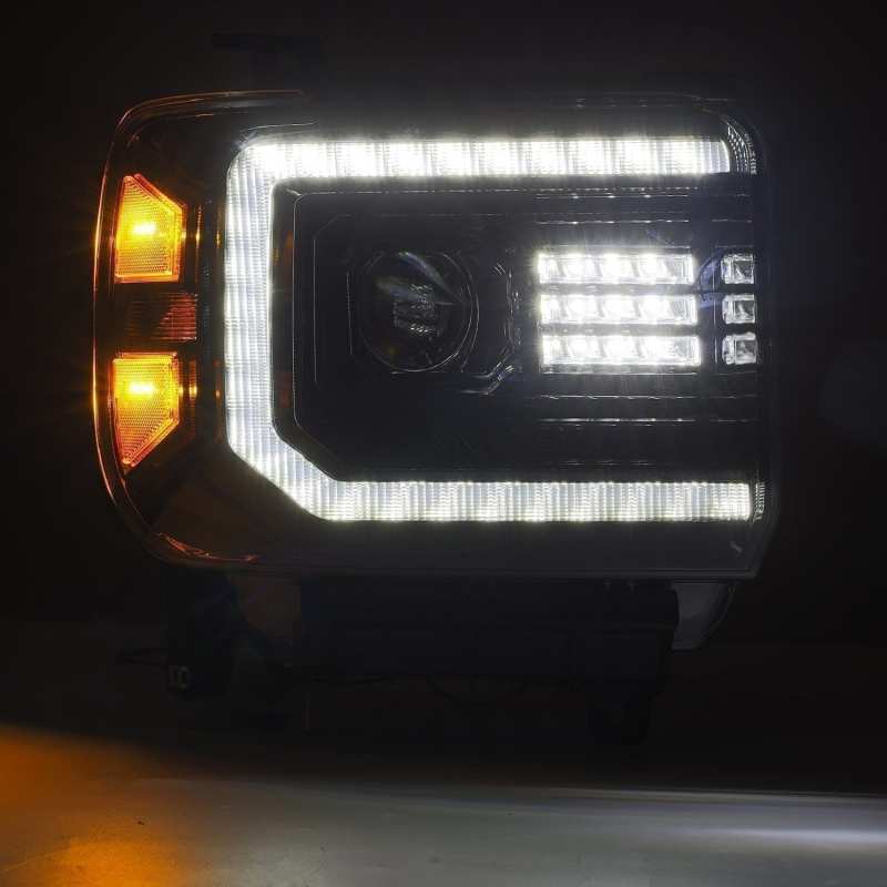 AlphaRex 14-18 GMC Sierra LUXX LED Proj Headlights Plank Style Black w/Activ Light/Seq Signal/DRL - Burkken Auto Parts